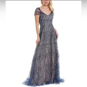 NWT- Rene Ruiz platinum off the shoulder embroidered A-Line gown. Size 16